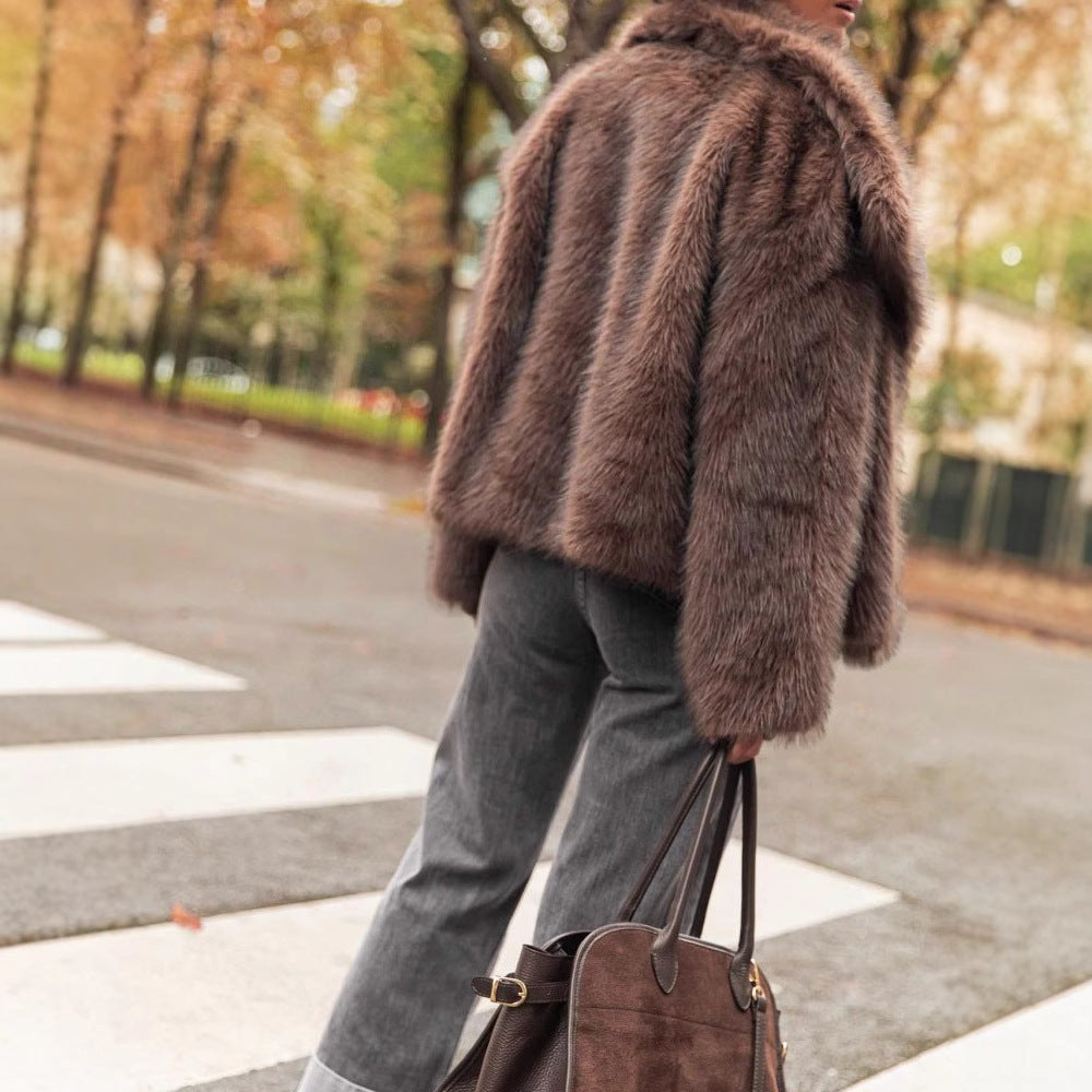 Loose-Fitting Long Sleeves Plush Brown Coat