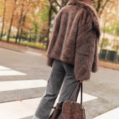 Loose-Fitting Long Sleeves Plush Brown Coat