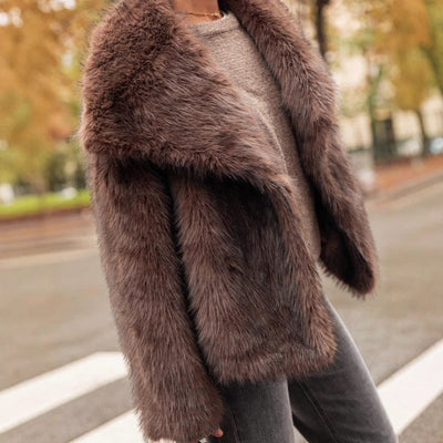 Loose-Fitting Long Sleeves Plush Brown Coat